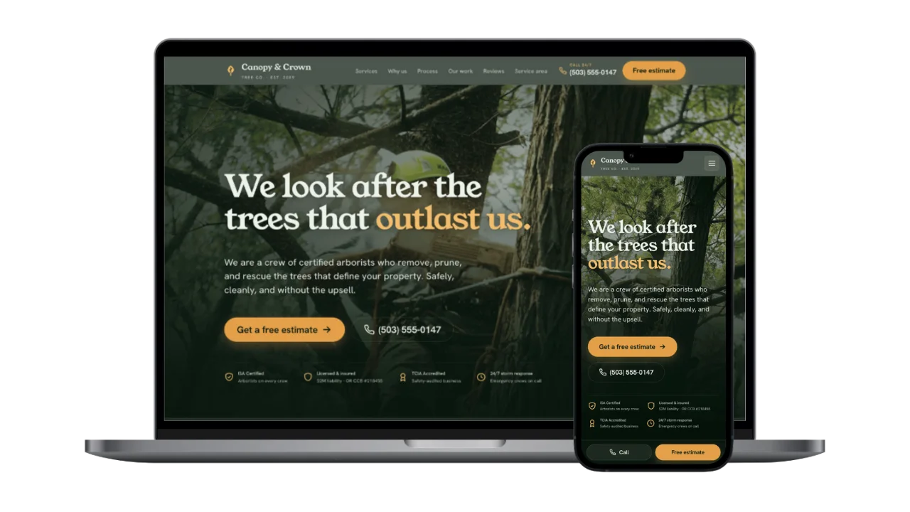 Sample tree-service website we designed, shown on a laptop and phone: Canopy & Crown Tree Co.